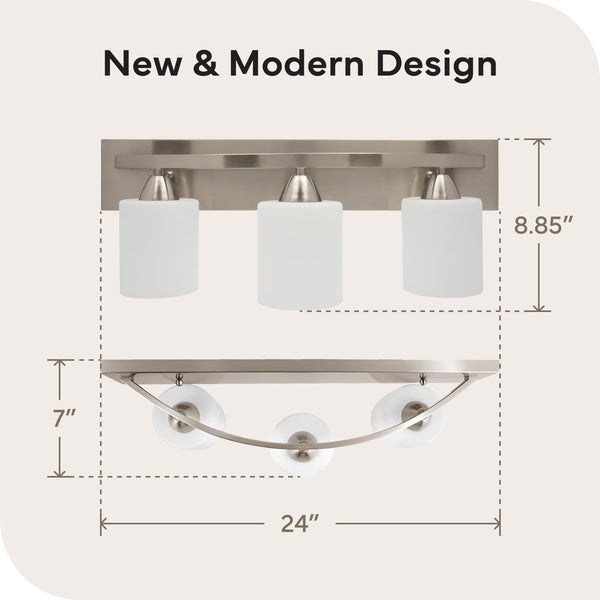 Bathroom Vanity Light Fixture | Interior Bathroom Lighting Bar with Modern Milk Glass Shade | Bathroom Lights over Mirror | Brushed Nickel, 3 Lights, E26 100W LED, Bulbs Not Included